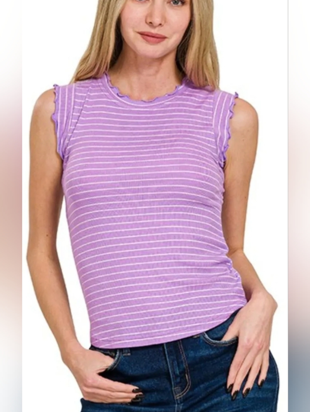Zenana Women's Lavender/White Ribbed Ruffle Trim Sleeveless Stripe Top Sz S,M,L